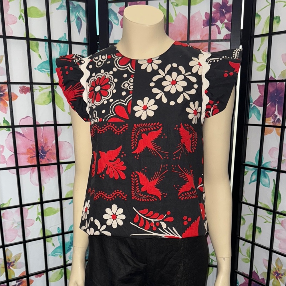 RED VALENTINO FLORAL PRINTED COTTON BLOUSE